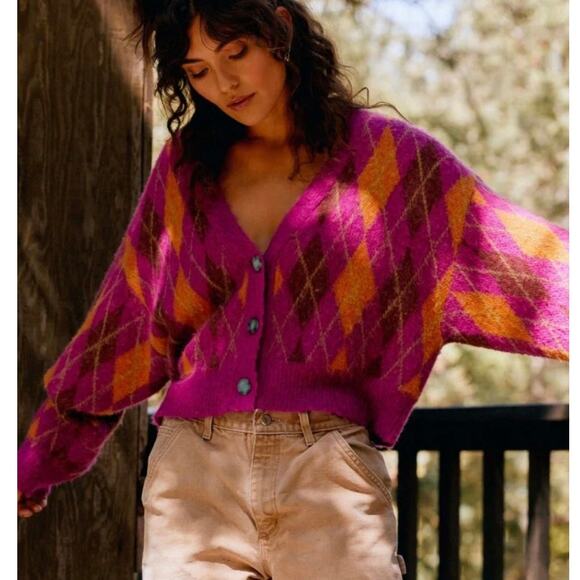 DayDreamer NWT Argyle Fuchsia Sunset Orange Button Cardigan Sweater Medium - Picture 1 of 9